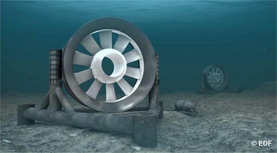 Vue d'artiste du parc de démonstration hydrolien de Paimpol-Bréhat, au large de Ploubazlanec (Côtes-d'Armor, Bretagne). Ces turbines doivent extraire un peu de l'énergie cinétique exprimée par les courants de marée. © EDF